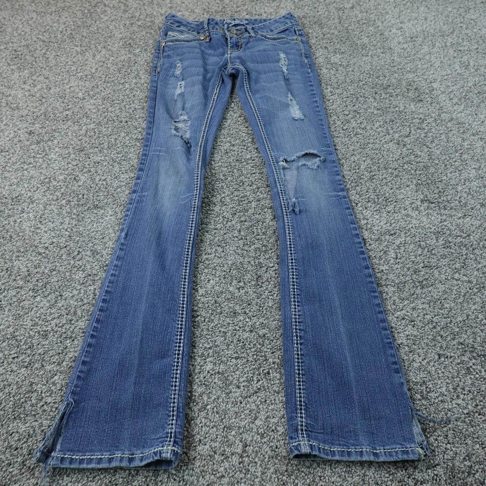 Amethyst Jeans Womens 1 Dark Blue Denim Pants Low Rise Flare Boot Stretch Y2K